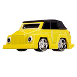 Yellow, VW Thing with silver wheel rims and black roof on a white background