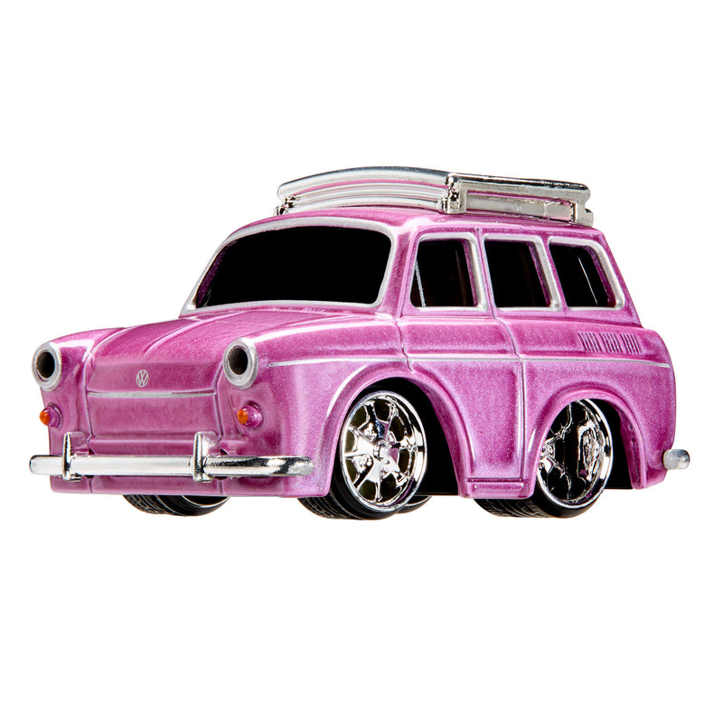 Pink VW Station Wagon with silver wheel rims and silver car carrier on roof on a white background