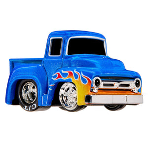Blue pickup truck with flame decal on front side fender on a white background