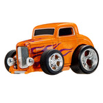 Orange Hot Rod with purple flames, two smaller front wheels on a white background