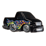 A black toy diecast pickup truck with colorful flame decals in blue, red, orange, and yellow along the side, shown on a plain white background.