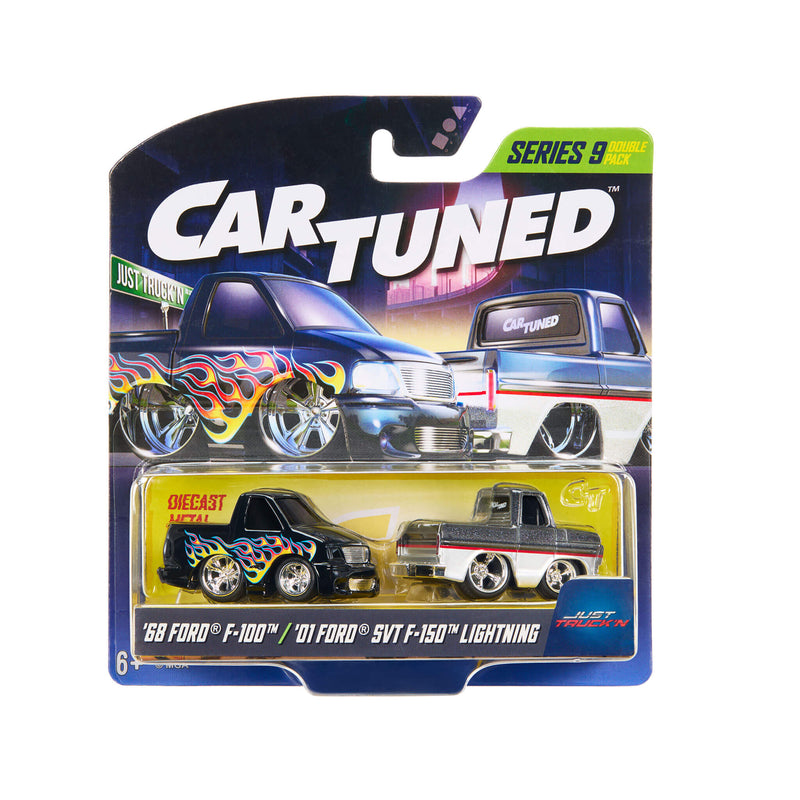 A packaged Car-Tuned Series 8 diecast toy car set featuring a '88 Ford F-100 and '01 Ford SVT F-150 Lightning. The products are displayed in their original blister packaging with a blue and black backing card featuring the Car-Tuned logo and custom car graphics.