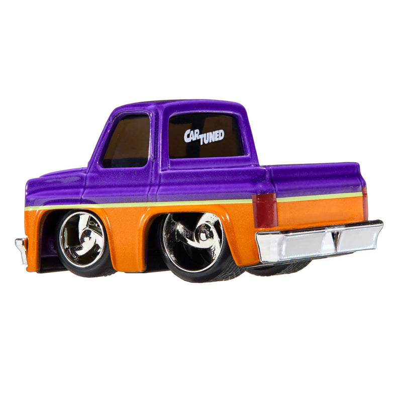 A die-cast toy hot rod pickup truck with a purple cab and orange body, featuring custom chrome wheels and a white 'CAR TUNED' logo on the back window, isolated on a white background.