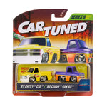 Car Tuned Series 9 Diecast Metal Trucks packaging featuring two Chevy C10 and 90 Chevy 454 SS trucks in a blister pack with a retro orange and brown cardback.