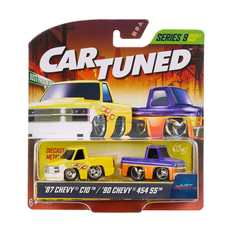 Car Tuned Series 9 Diecast Metal Trucks packaging featuring two Chevy C10 and 90 Chevy 454 SS trucks in a blister pack with a retro orange and brown cardback.