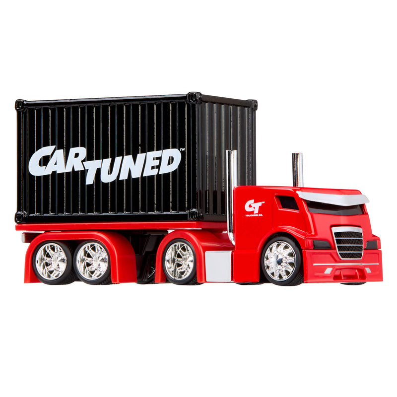 Red toy truck with black container labeled 'Cartuned' on a white background