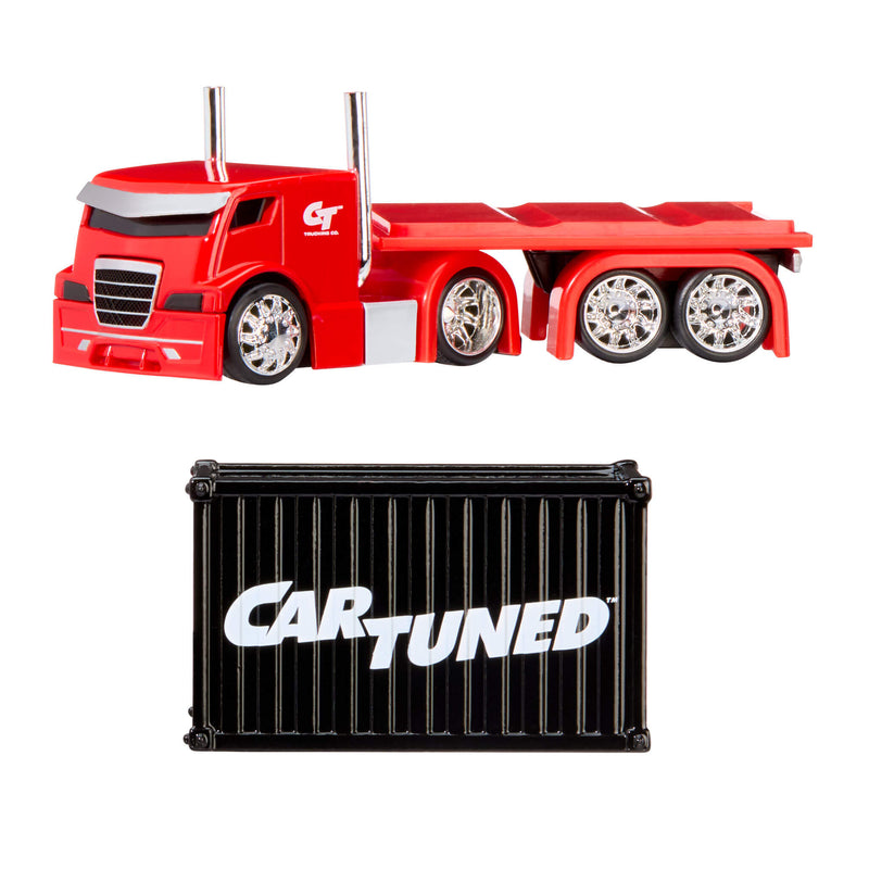 Red toy truck with a black container labeled 'CarTuned' on a white background