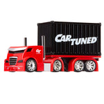 Red toy truck with black container labeled 'Car Tuned' on a white background