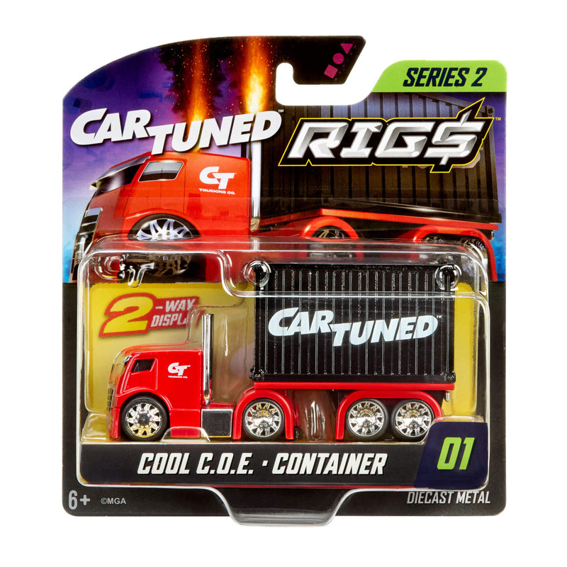Toy truck in packaging with 'Car Tuned Rigs' branding