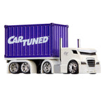 Toy truck with purple container labeled 'Cartuned' on a white background