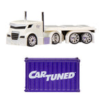 White toy truck with a purple container labeled 'Cartuned' on a white background