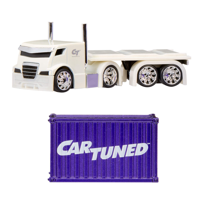 White toy truck with a purple container labeled 'Cartuned' on a white background