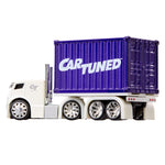 Toy truck with a purple container labeled 'CAR TUNED' on a white background
