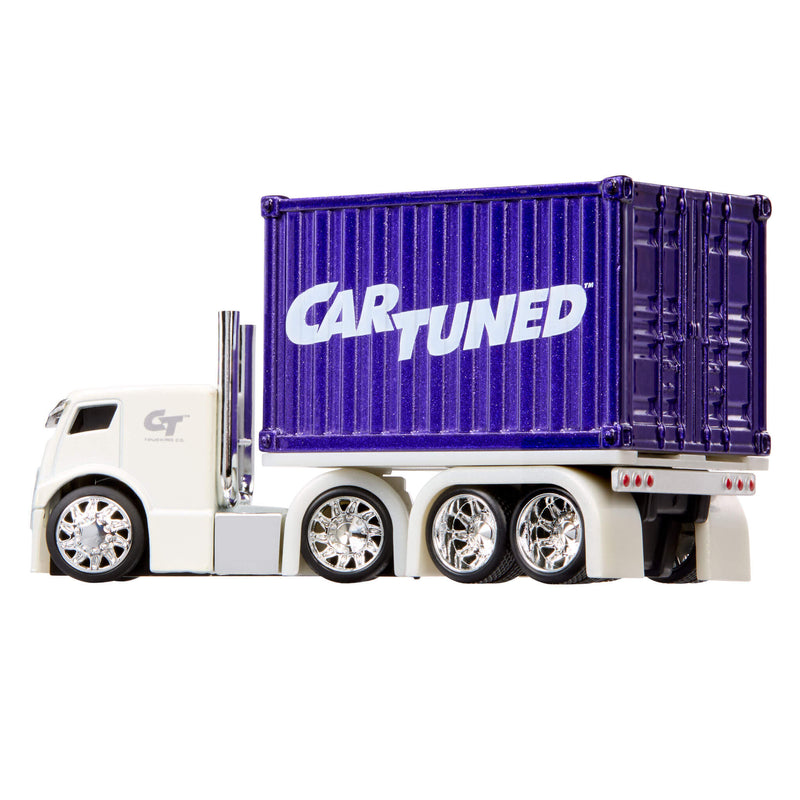 Toy truck with a purple container labeled 'CAR TUNED' on a white background