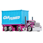 Pink toy truck with a light  blue container labeled 'Car Tuned' on a white background