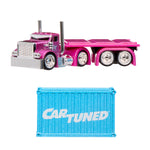 Pink toy truck with a blue 'Car Tuned' container on a white background