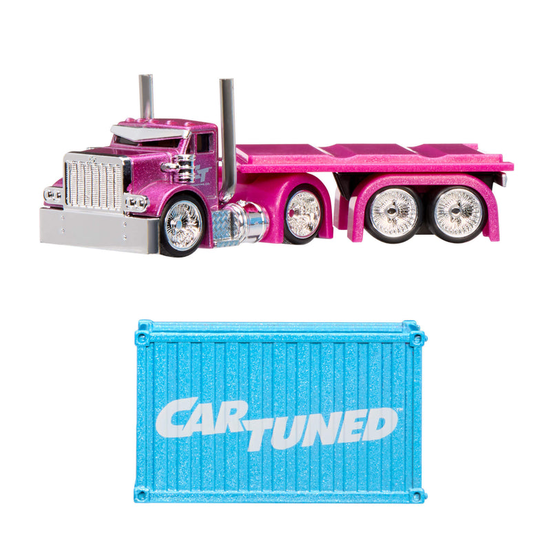 Pink toy truck with a blue 'Car Tuned' container on a white background