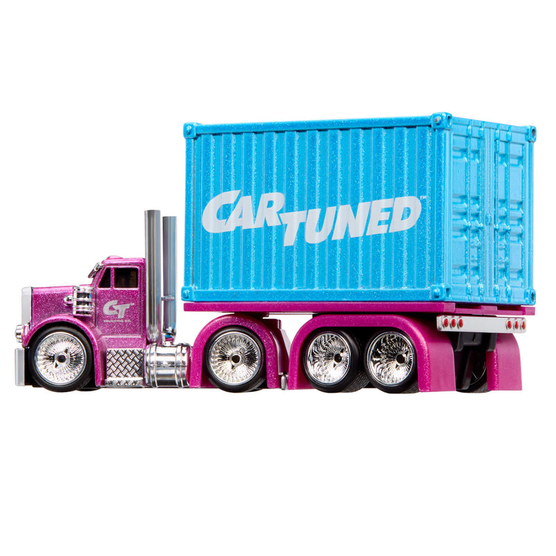Toy truck with pink body and blue container labeled 'Car Tuned' on a white background