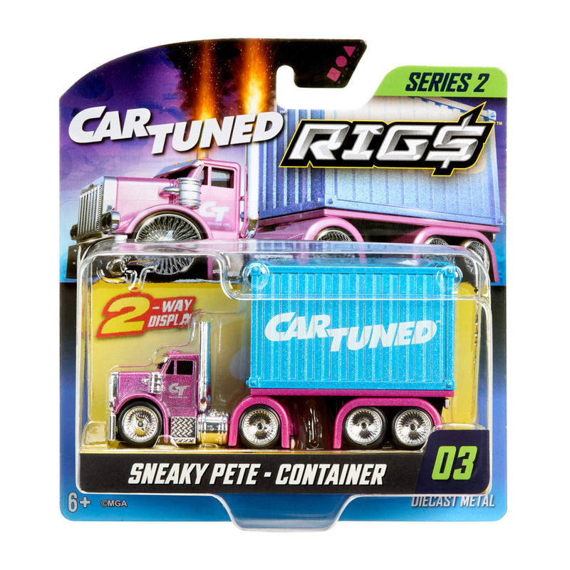 Toy truck in packaging with 'Car Tuned Rigs' branding