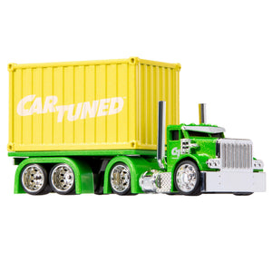 Green toy truck with a yellow container labeled 'CAR TUNED' on a white background