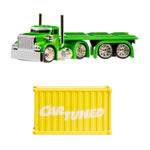 Green toy truck with a yellow container labeled 'Car Tuned' on a white background
