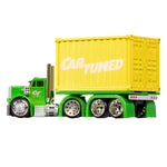 Toy truck with a yellow container labeled 'Car Tuned' on a white background