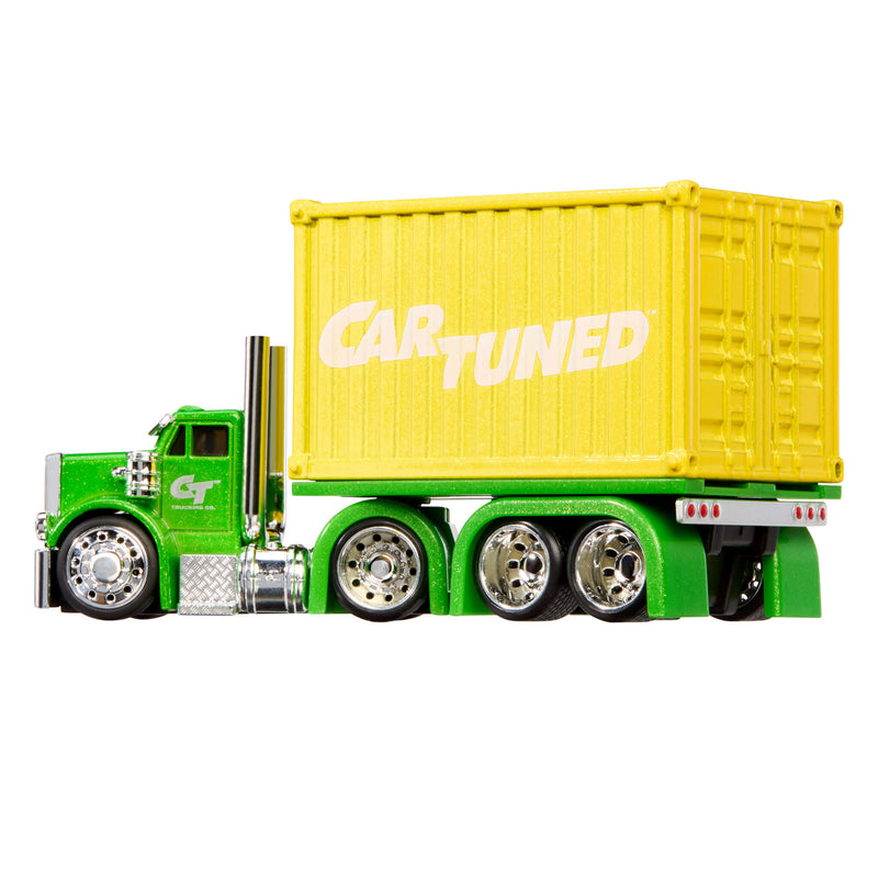 Toy truck with a yellow container labeled 'Car Tuned' on a white background