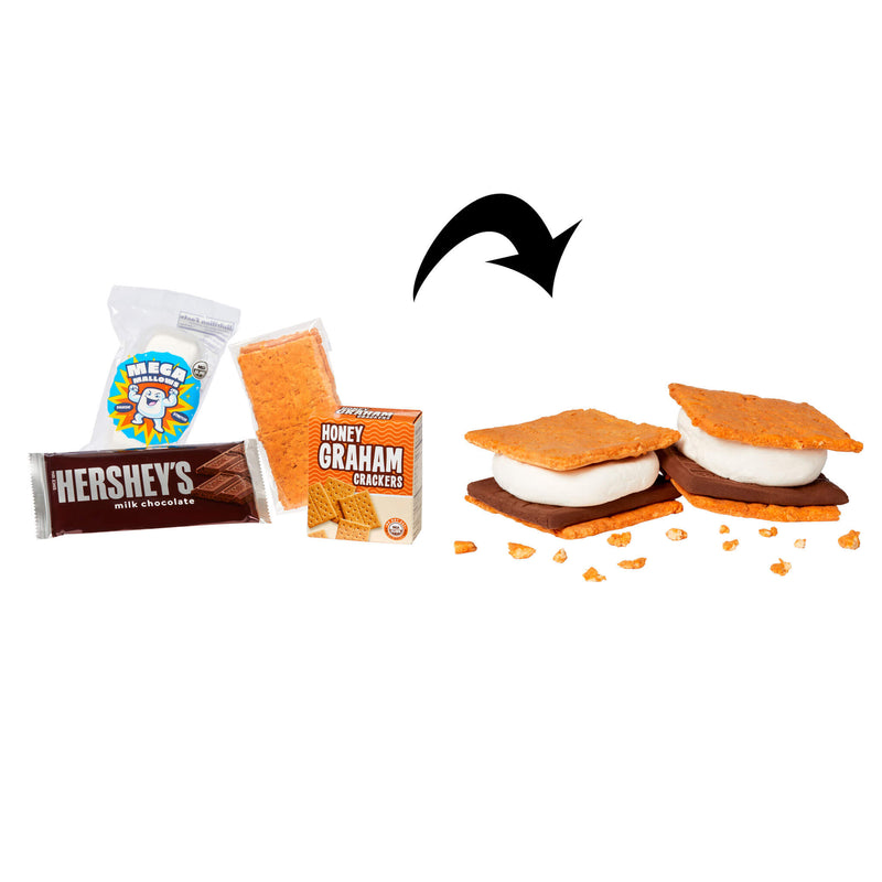 A collage-style product graphic showing snack ingredients on the left and assembled s'mores on the right, with a black arrow pointing from the ingredients to the finished treats. Visible items include a Hershey's chocolate bar, a bag of Migo marshmallows, and a box of Honey Graham crackers on a white background.