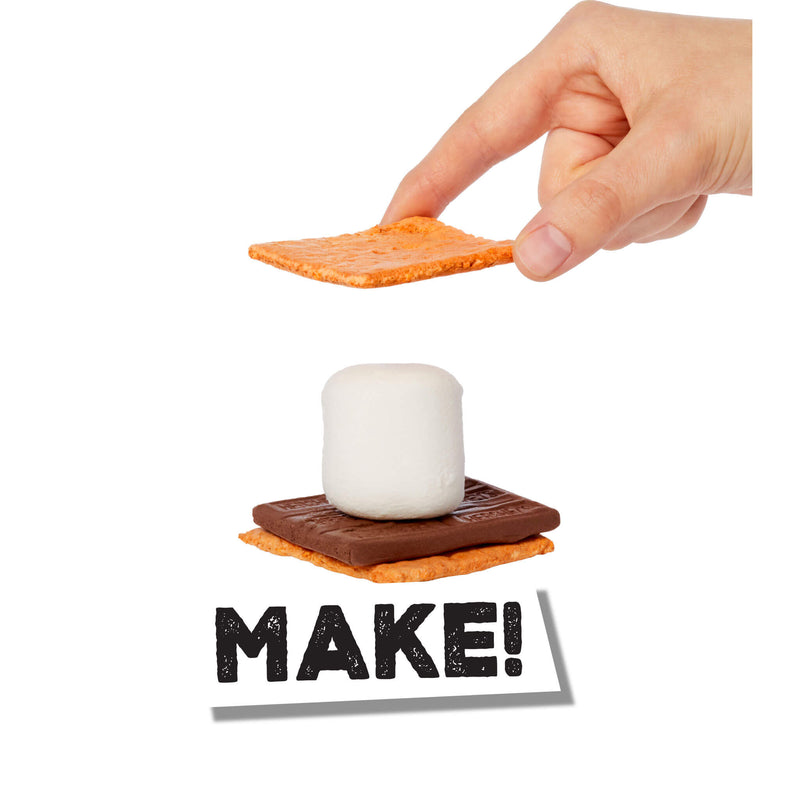 A hand is holding an cracker above a stacked s'mores made of a cracker, a brown chocolate piece, and a white marshmallow. The word 'MAKE!' appears below on a white background.