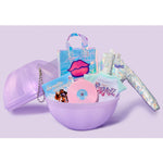 Purple bowl filled with various items on a light purple background.