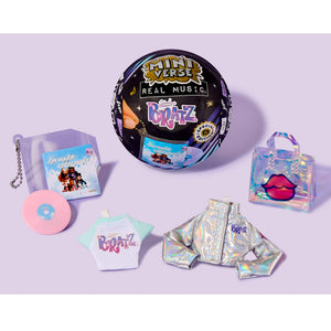 Collection of Bratz merchandise including a vinyl record, t-shirt, and accessories on a purple background.