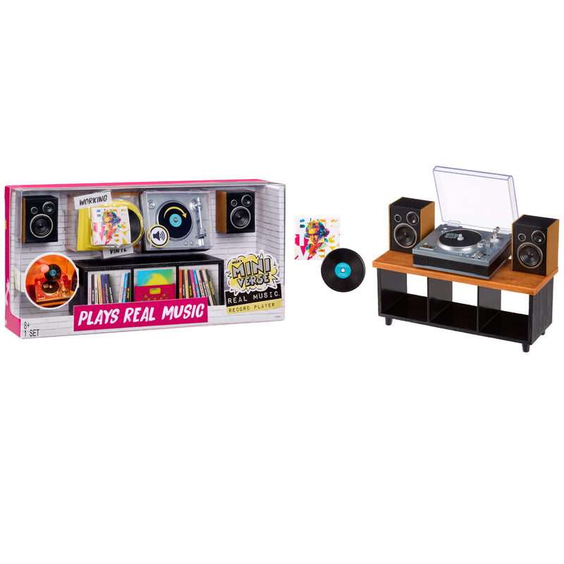 Mini toy record player set with packaging and vinyl record on a white background