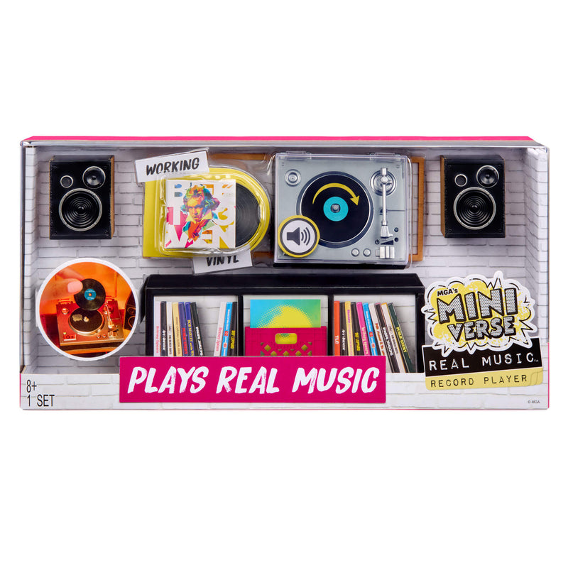 Mini record player toy set in packaging with text 'Plays Real Music' on a white background