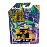 A packaged miniature toy car on a decorative blister card. The card reads CarTuned Remixes, Liquid Death, '57 Chevy Bel Air.