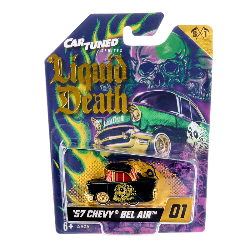 A packaged miniature toy car on a decorative blister card. The card reads CarTuned Remixes, Liquid Death, '57 Chevy Bel Air.