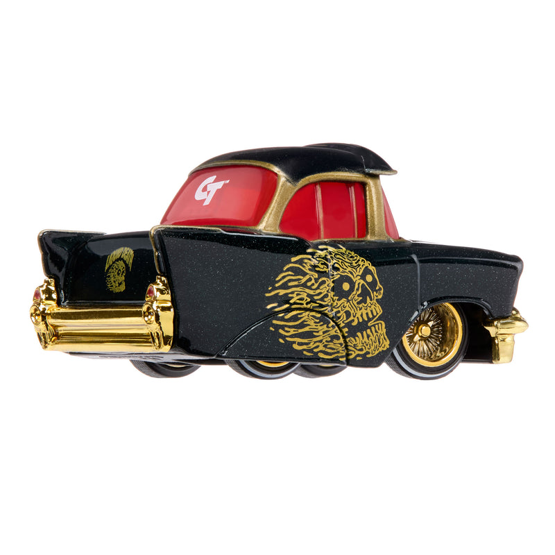 A toy black and red classic car die-cast model with gold-plated chrome details, a gold skull graphic on the side, and a red window with a white 'CT' logo.