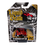 A packaged toy car on a printed blister card. The card shows the brand Car Tuned and the product name 'Liquid Death', with a skull graphic and gold-and-black artwork.