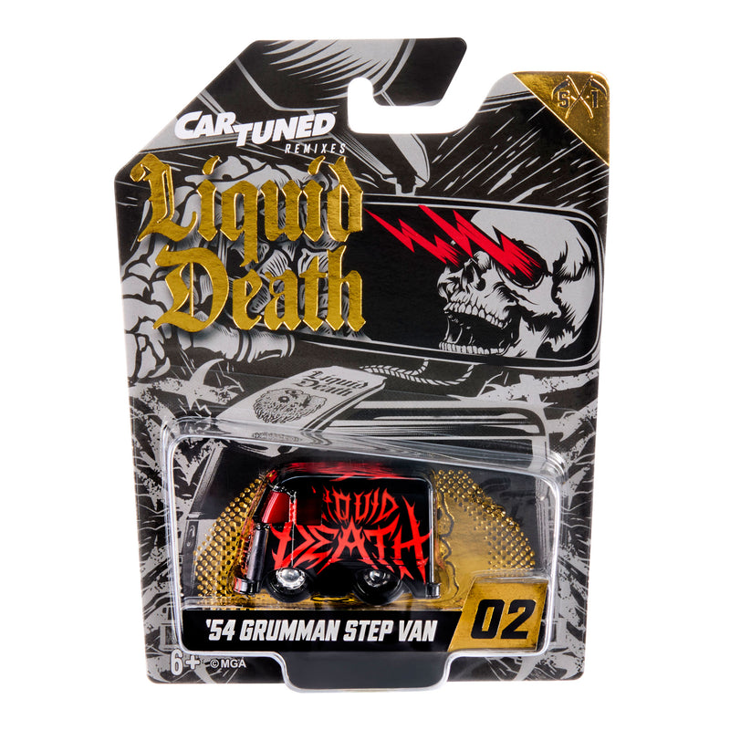 A packaged toy car on a printed blister card. The card shows the brand Car Tuned and the product name 'Liquid Death', with a skull graphic and gold-and-black artwork.