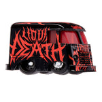 A small black toy van with bold red flame-style graphics and red-tinted windows, shown on a plain white background.