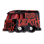 A toy model of a custom black van with red style graphics and the words 'LIQUID DEATH' on a white background.
