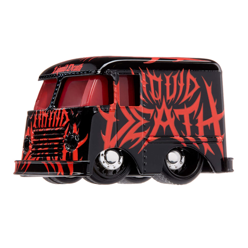 A toy model of a custom black van with red style graphics and the words 'LIQUID DEATH' on a white background.