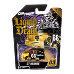 A packaged toy car on a printed blister card. The product is a gold and black 'CT Hearse' die-cast toy car with '66 Liquid Death' text, mounted on a black card featuring a skull illustration and the 'Car Tuned Remixes and 'Liquid Death' branding.