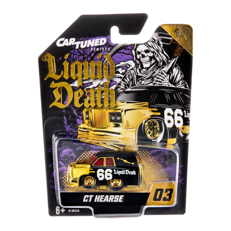 A packaged toy car on a printed blister card. The product is a gold and black 'CT Hearse' die-cast toy car with '66 Liquid Death' text, mounted on a black card featuring a skull illustration and the 'Car Tuned Remixes and 'Liquid Death' branding.