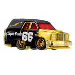 A toy car with a glossy black and metallic gold color scheme, featuring 'Liquid Death' and the number '66' on the side, set against a plain white background.