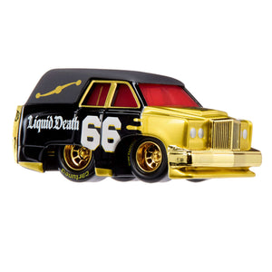 A toy car with a glossy black and metallic gold color scheme, featuring 'Liquid Death' and the number '66' on the side, set against a plain white background.