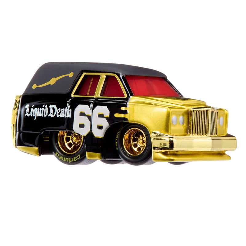 A toy car with a glossy black and metallic gold color scheme, featuring 'Liquid Death' and the number '66' on the side, set against a plain white background.