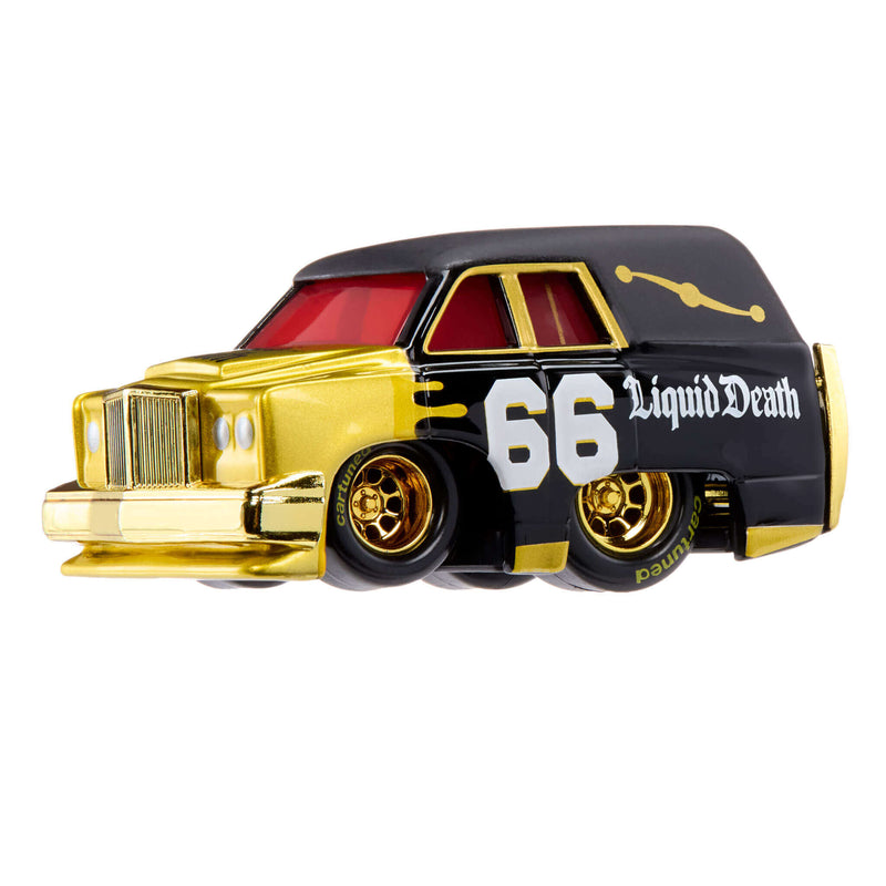 A die-cast toy car styled like a customized hearse, featuring a glossy black body with metallic gold panels, red-tinted windows, gold wheels, and '66 Liquid Death' written on the side.