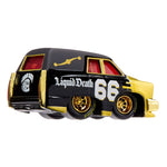 A die-cast toy hearse featuring a glossy black and metallic gold color scheme, with 'Liquid Death 66' printed on the side, red-tinted windows, and gold wheels.