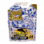 A packaged toy car from the Cart Tuned 'Liquid Death' series, specifically a '47 Chevy Fleetline number 04. The toy car is yellow with black and gold graphics.