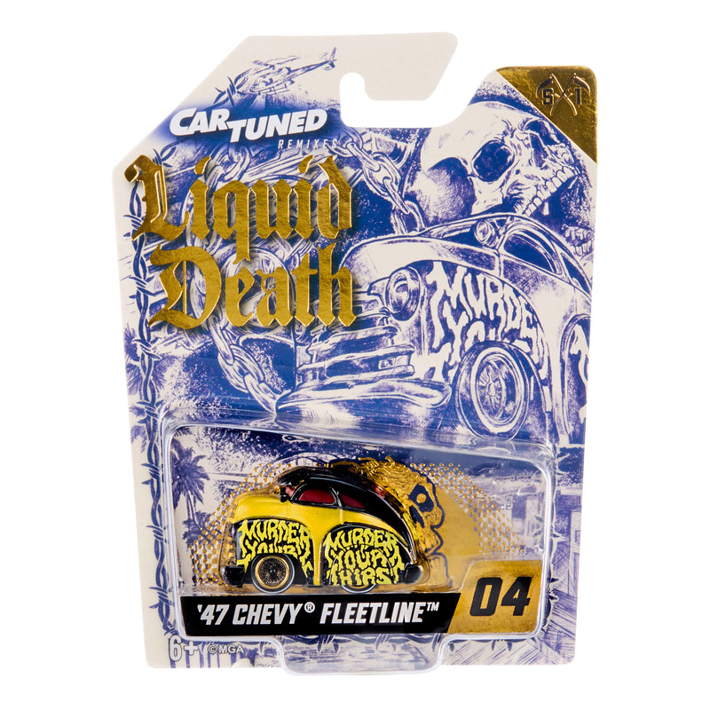 A packaged toy car from the Cart Tuned 'Liquid Death' series, specifically a '47 Chevy Fleetline number 04. The toy car is yellow with black and gold graphics.
